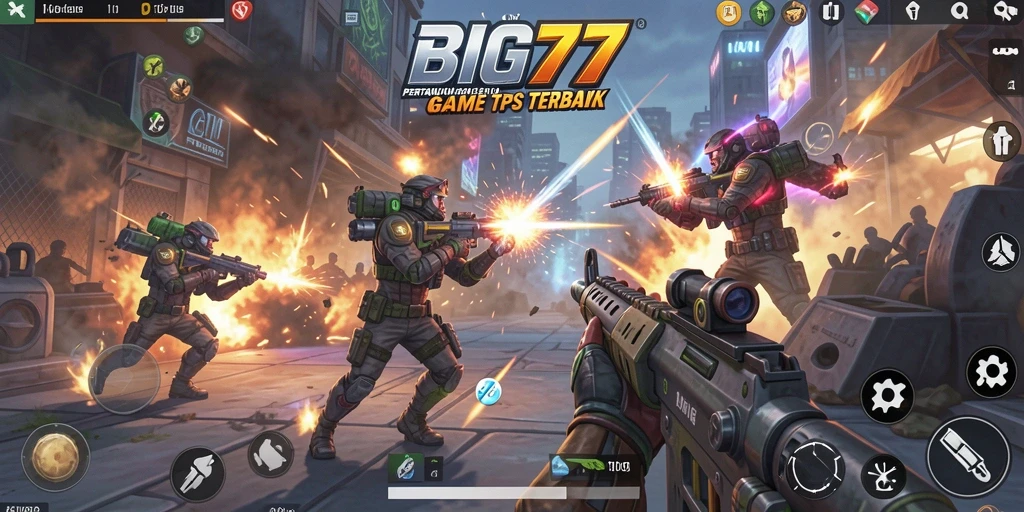 Tangkapan layar utama BIG77 menampilkan aksi pertempuran seru dalam TPS.