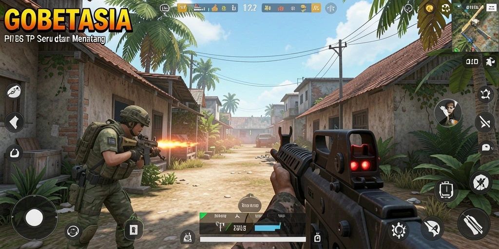 Tangkapan layar gameplay GOBETASIA yang menunjukkan aksi menegangkan di medan perang.