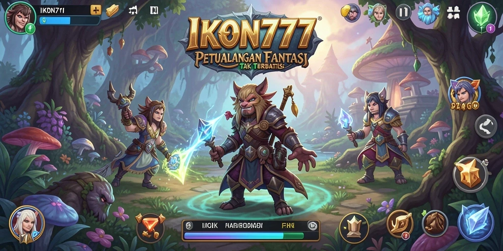 Screenshot gameplay IKON777 menunjukkan pertarungan epik di dunia fantasi.
