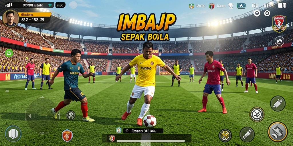 Screenshot gameplay IMBAJP yang menampilkan pertandingan sepak bola yang intens.