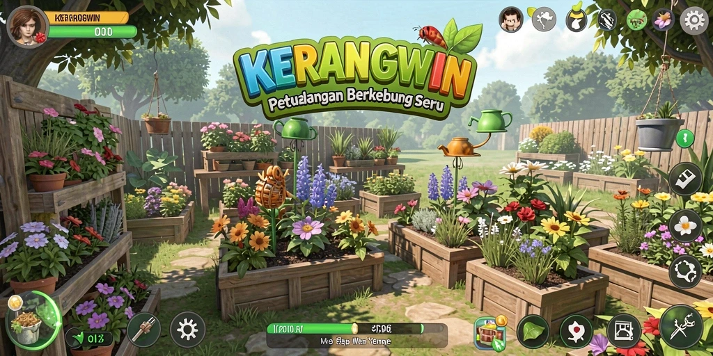 Tampilan gameplay KERANGWIN yang menampilkan kebun yang indah.