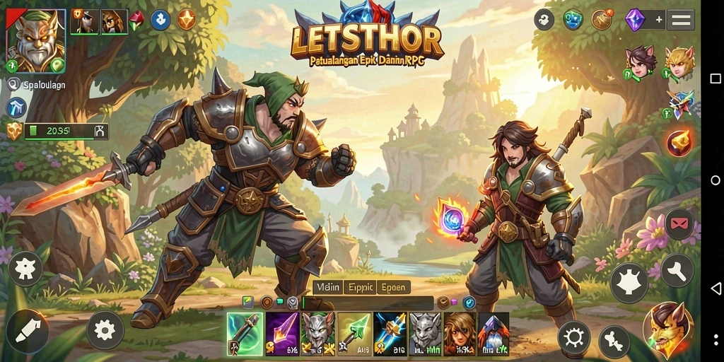 Tangkapan layar gameplay LETSTHOR menampilkan pertarungan seru dan dunia menakjubkan.