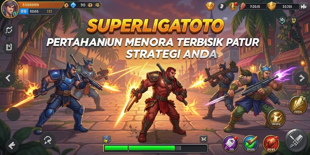 Screenshot dari gameplay SUPERLIGATOTO yang menunjukkan aksi menara bertahan.