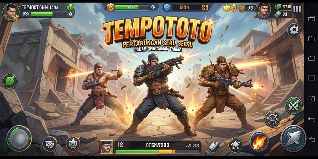 Tampilan pertarungan intens dalam TEMPOTOTO dengan karakter yang beraksi.